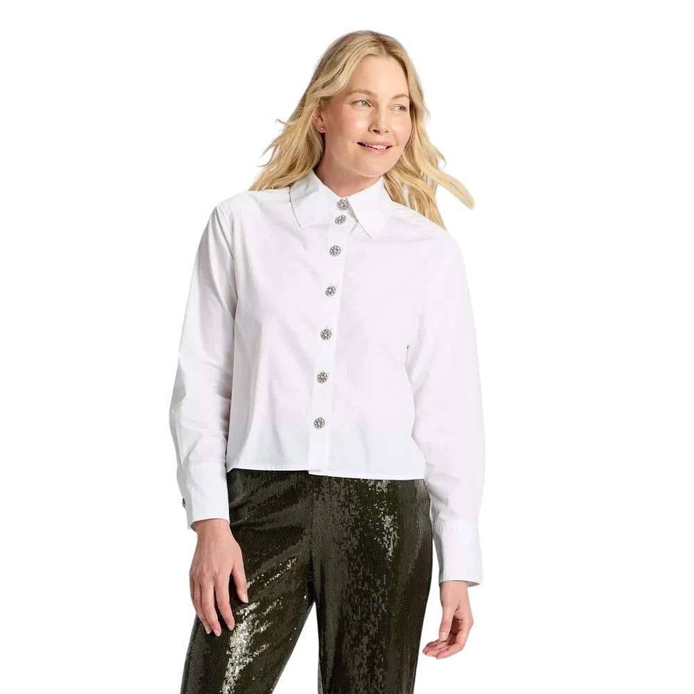 A New Day Women's White Embellished Button Cropped Shirt Size Small